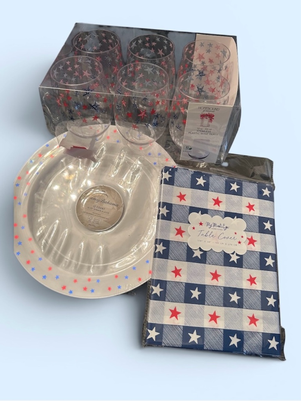 Patriotic Star Plastic Cups, Dinner Plates & Table Cover Set - Red, White & Blue